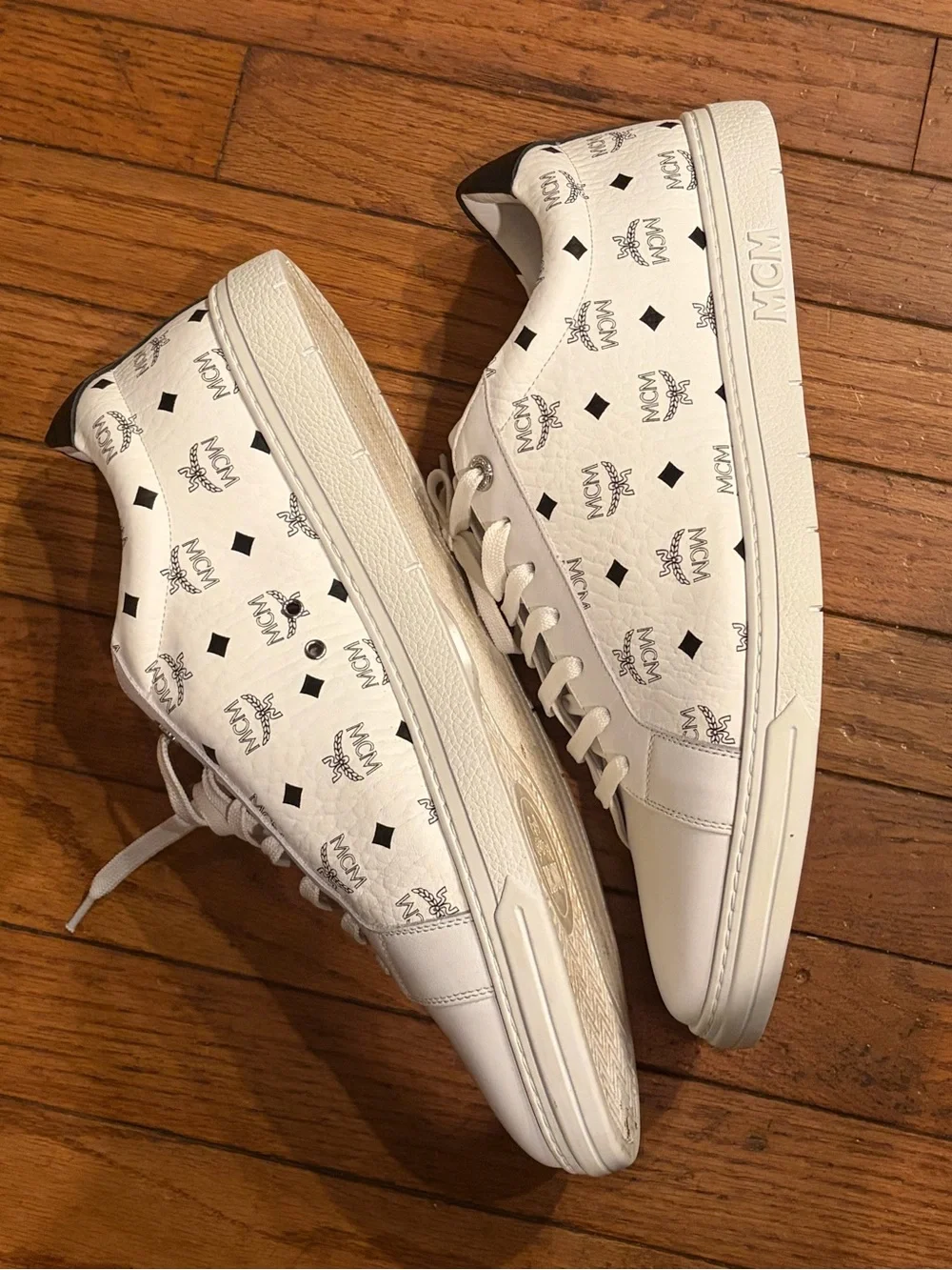 MCM White Low-Top Logo Panel Sneakers with Black Heel Tab